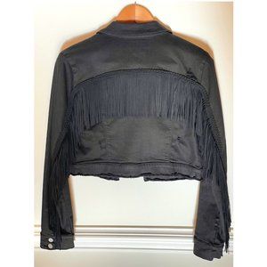 Bebe Distressed Black Denim Fringe Cut Out Jacket Woman Medium